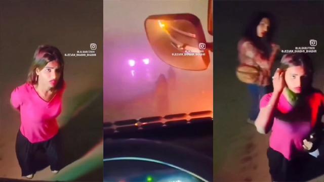Beautiful girl showing her pussy to a truck driver on the road